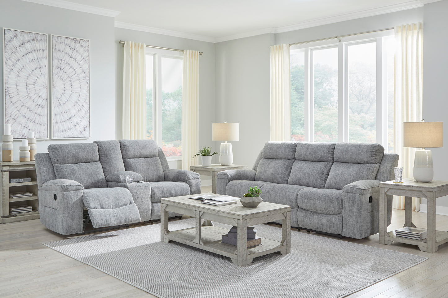 Benchcraft by Ashley Buntington Pewter Reclining Sofa and Loveseat 34004